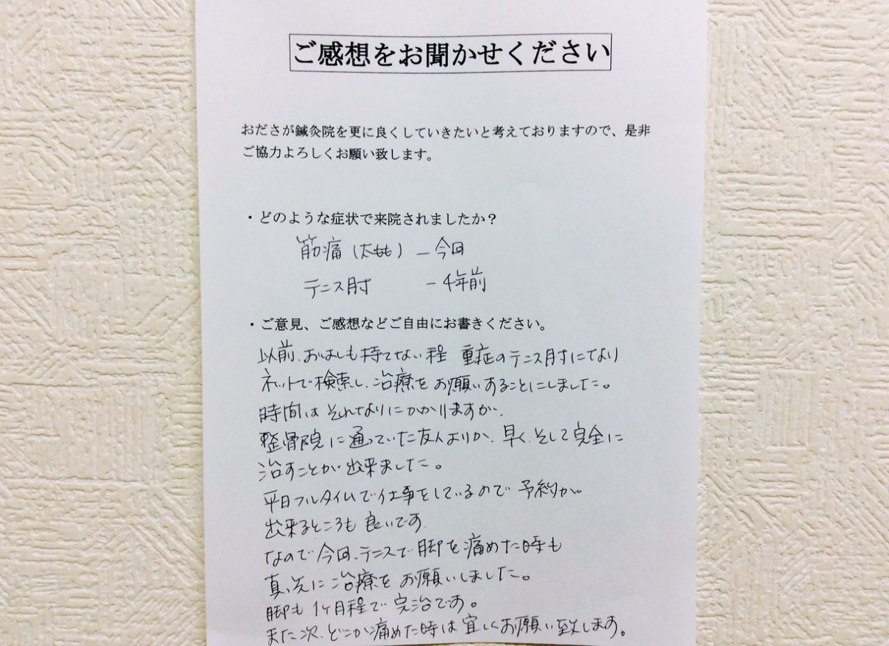 患者からの　手書手紙　会社員　筋痛、テニス肘